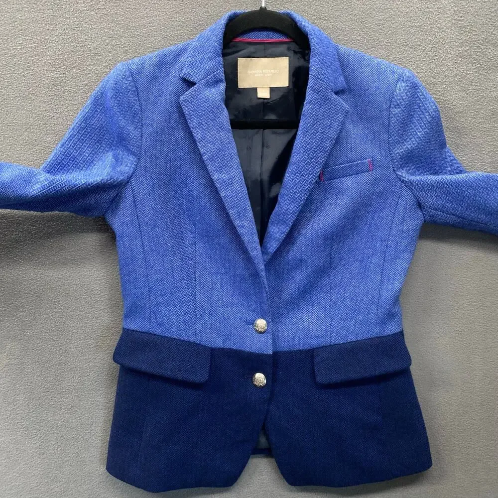 Banana Republic Wool Blend Blazer‎ Jacket Women 2 Blue Color Block Preppy